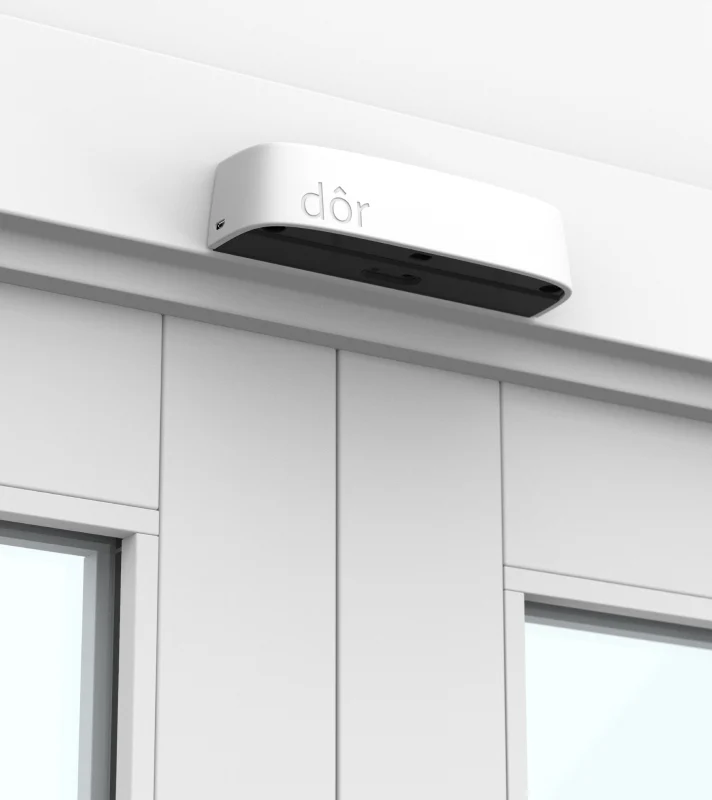 The Dor people counter mounted above a store front door, counting customers entering